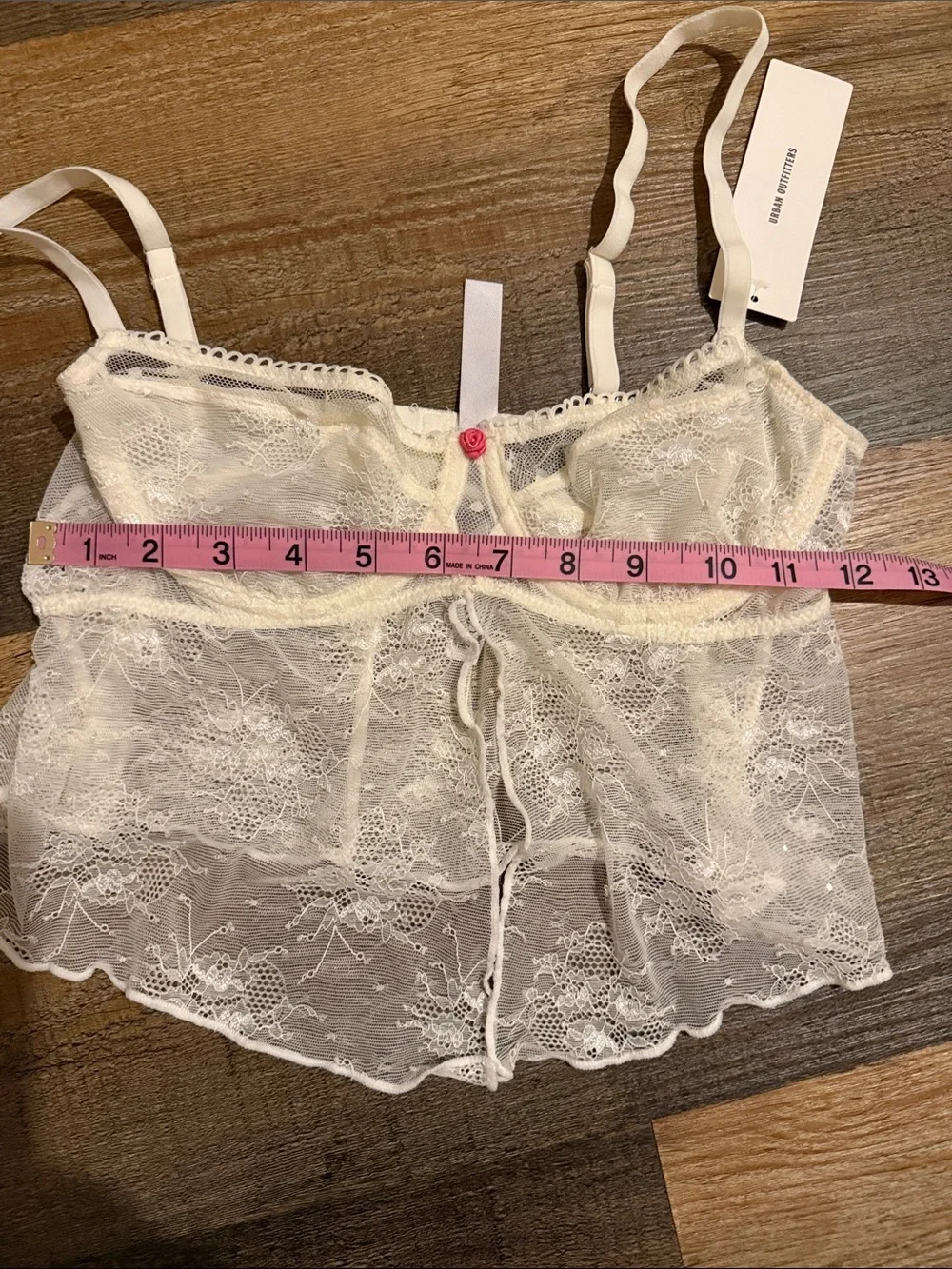 Urban Outfitters Ivory Sheer Lace Babydoll Chemise with Pink Accent